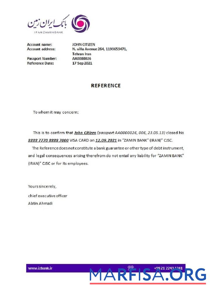 Downloadable Iran Zamin bank closure reference template